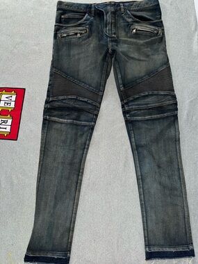 BALMAIN‎ Men’s Ribbed Bike Blue Acid Slim Jeans Italy Size 38